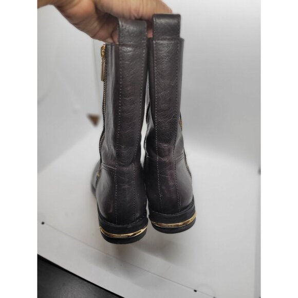 Tory Burch Elyse Dark Brown Leather Mid Calf Boots Gold Zipper Heel Accent - Picture 8 of 10